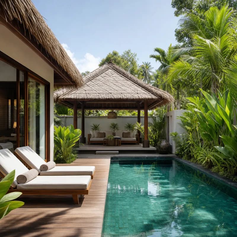 Kolam privat dengan pavilion dan taman tropis